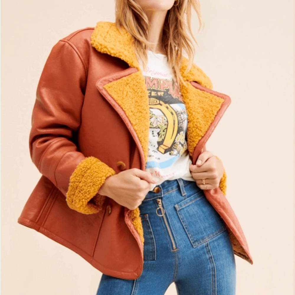 NEW Free People Kaja Vegan Bonded Leather Shearling Fur Peacoat $148 MSRP Medium - Picture 4 of 9